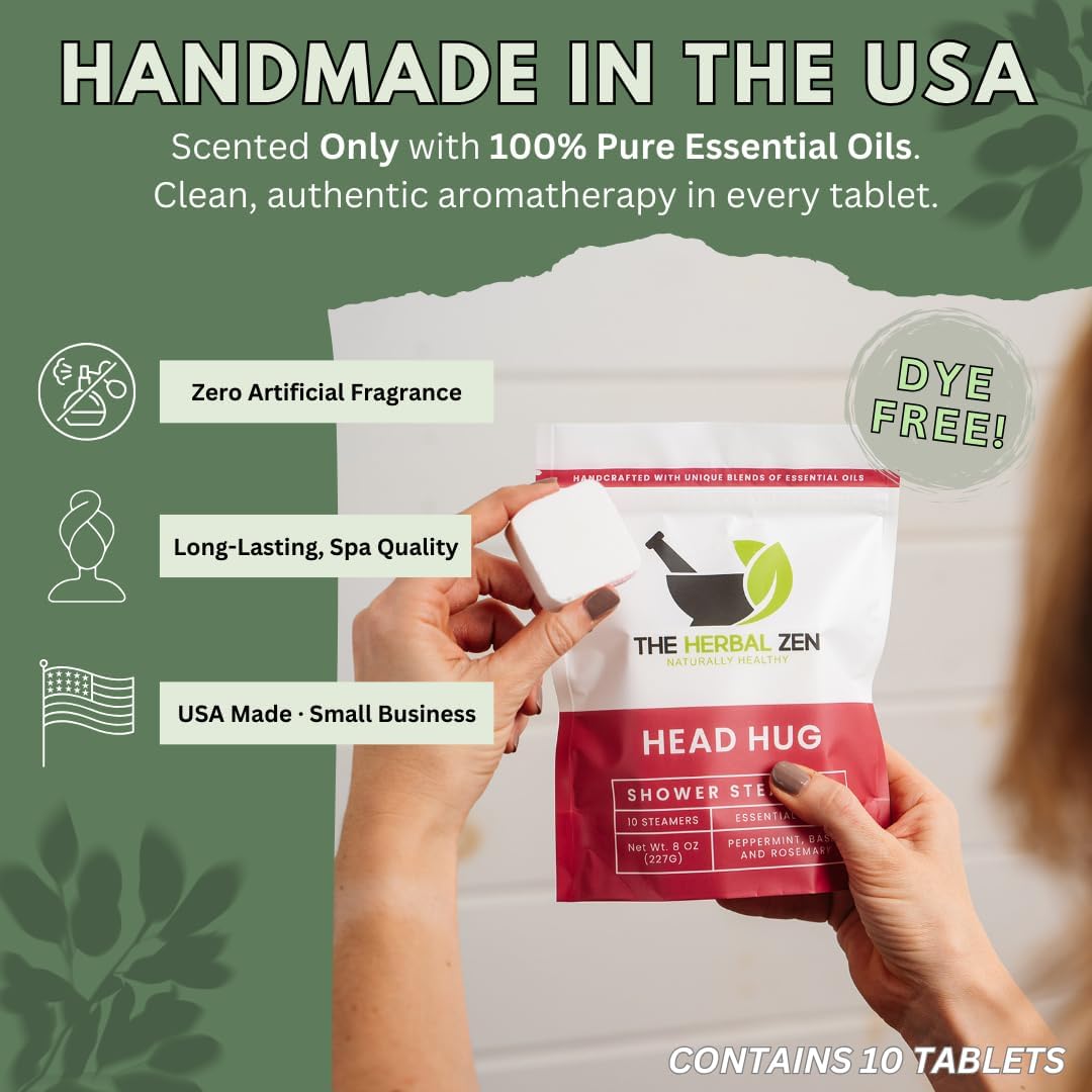 Head Hug Shower Steamers Aromatherapy for Relief - USA Made Mothers Day Gift for Mom - Peppermint & Rosemary Shower Bomb Tablets – Soothing Natural Essential Oils (10 Pack)