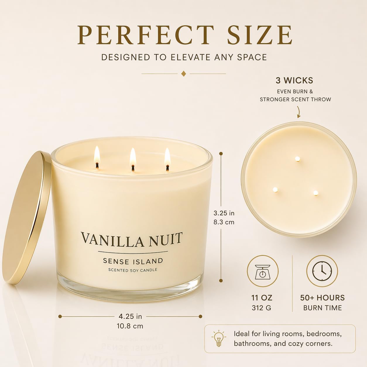 Vanilla Nuit 3 Wick Soy Candle – Large Creamy Vanilla Scented Candle for Home with Gold Lid & Beige Glass Vessal, Natural Soy Wax, Long Lasting Burn – Sensual Gourmand Fragrance, Luxury Gift for Women