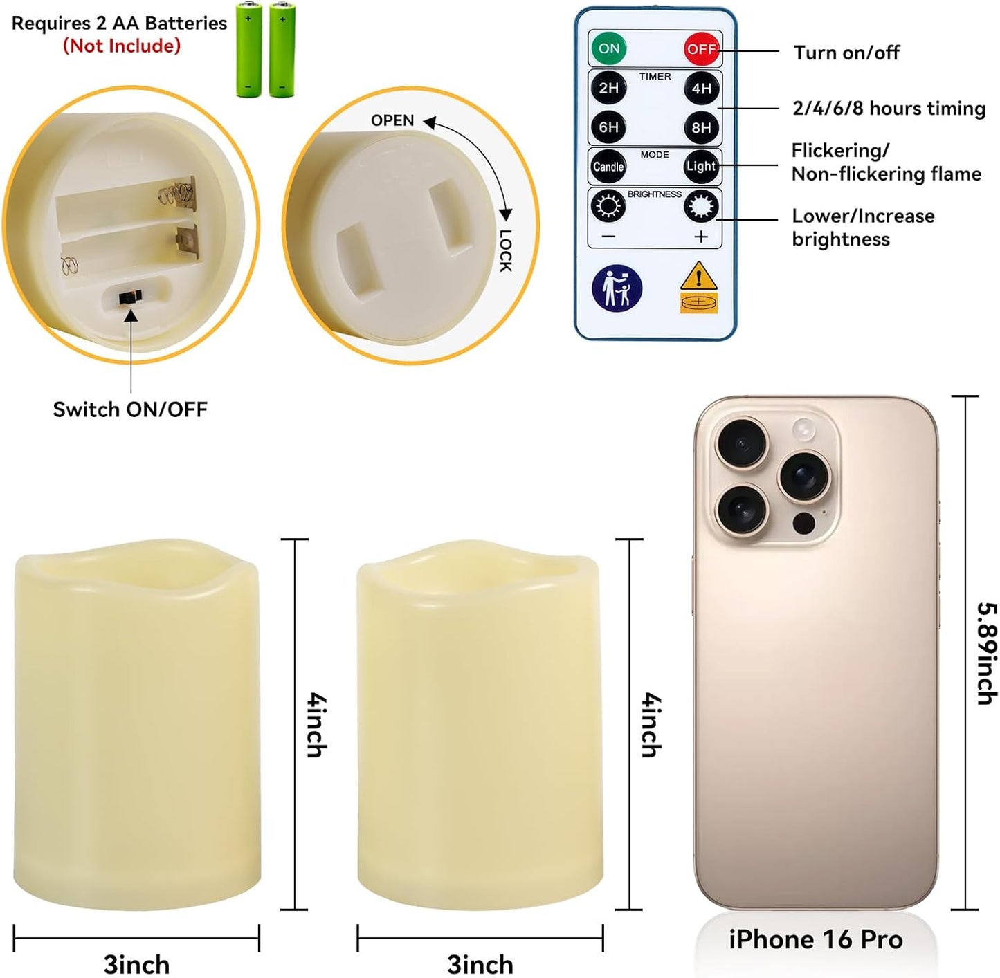 Raycare 3"x4" Outdoor Waterproof Flameless Candles, Battery Operated LED Electric Candles with Remote and Timers, Fake Pillar Candle for Patio, Porch, and Wedding Decor, Ivory, Set of 2