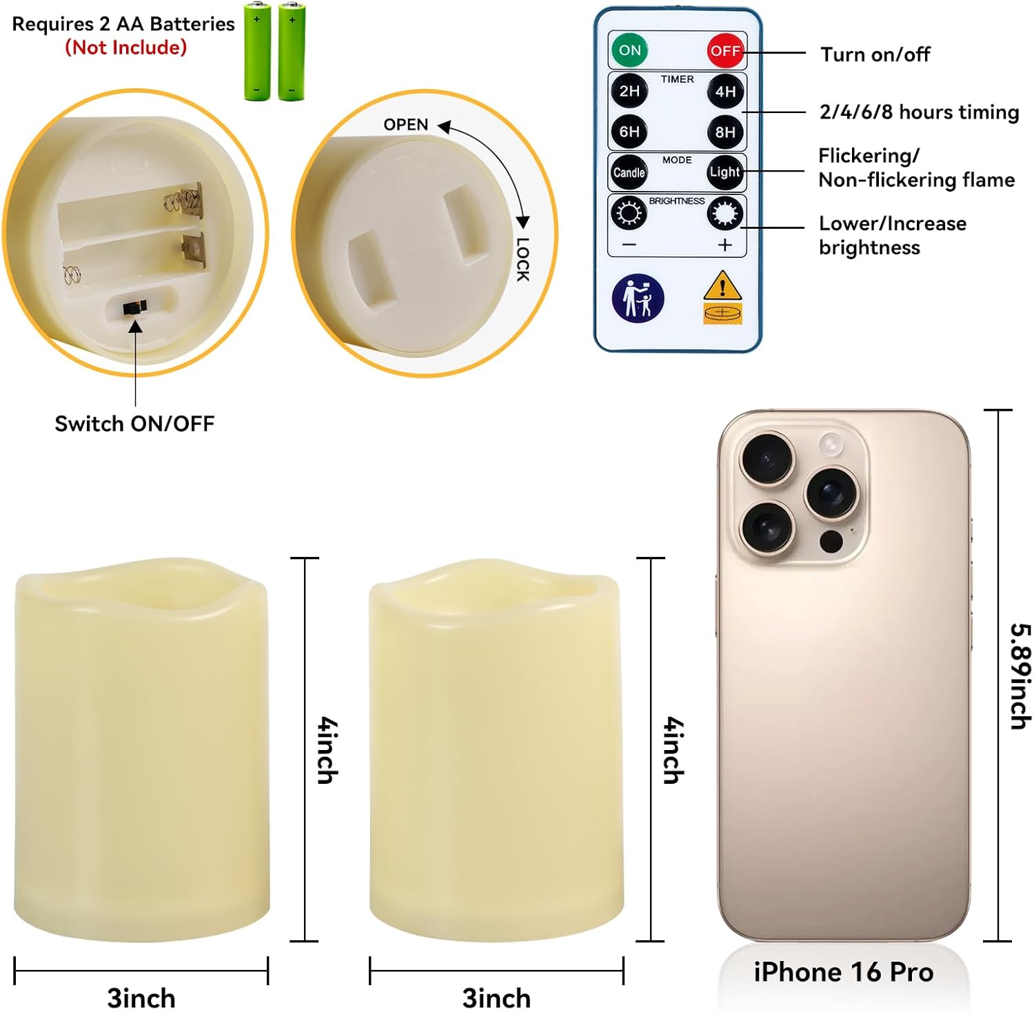Raycare 3"x4" Outdoor Waterproof Flameless Candles, Battery Operated LED Electric Candles with Remote and Timers, Fake Pillar Candle for Patio, Porch, and Wedding Decor, Ivory, Set of 2