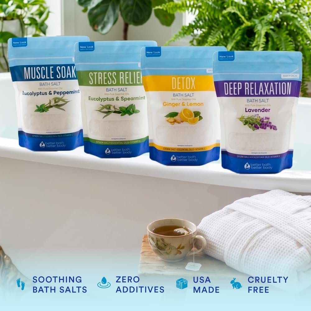 Bath Salts Sampler (4-Pack of 2-lbs) Variety Bath Soaks with Bamboo Scoop