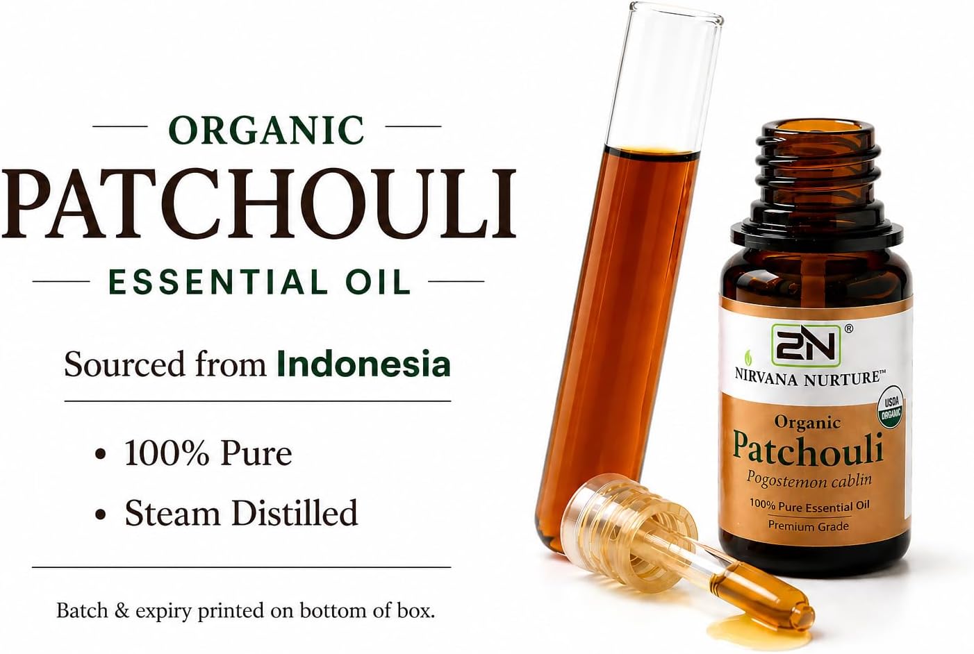 Patchouli Essential Oil, USDA Certified Organic, 100% Pure Undiluted, Aromatherapy Oil for Diffuser, Hair & Skin Care