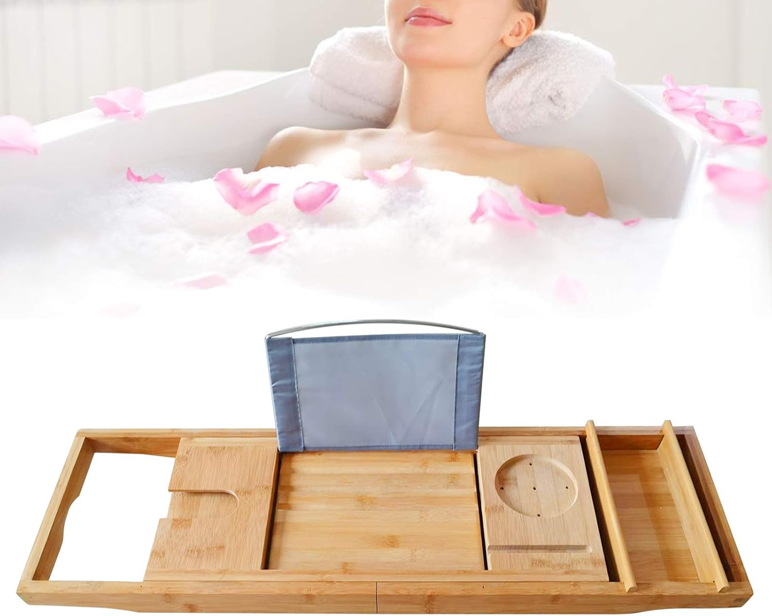 Bamboo Bathtub Tray Expandable Bathroom Tray for Home Spa Relaxation, Premium Foldable Wood Bath Table, Soap Dish, Book, Phone & Tablet Holder, Wine Glass Slot - Relaxing Bath Caddy