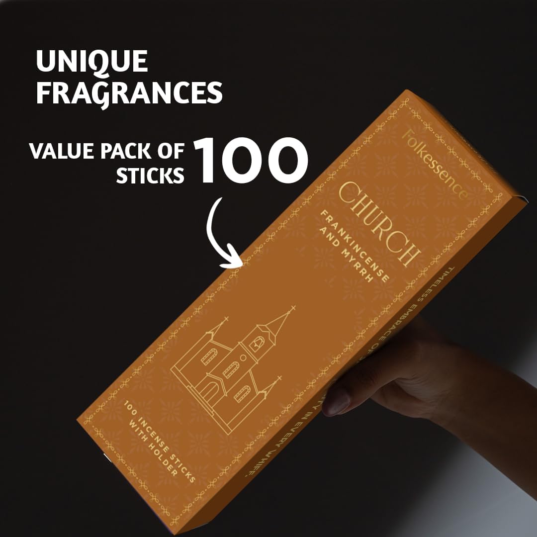 Folkulture Church Incense Sticks with Holder (100 Sticks) | Frankincense & Myrrh Catholic Incense Stick for Prayer, Daily Worship | No Charcoal,Organic,Non Toxic, 45 Mins, Long Burning Insence-Sticks