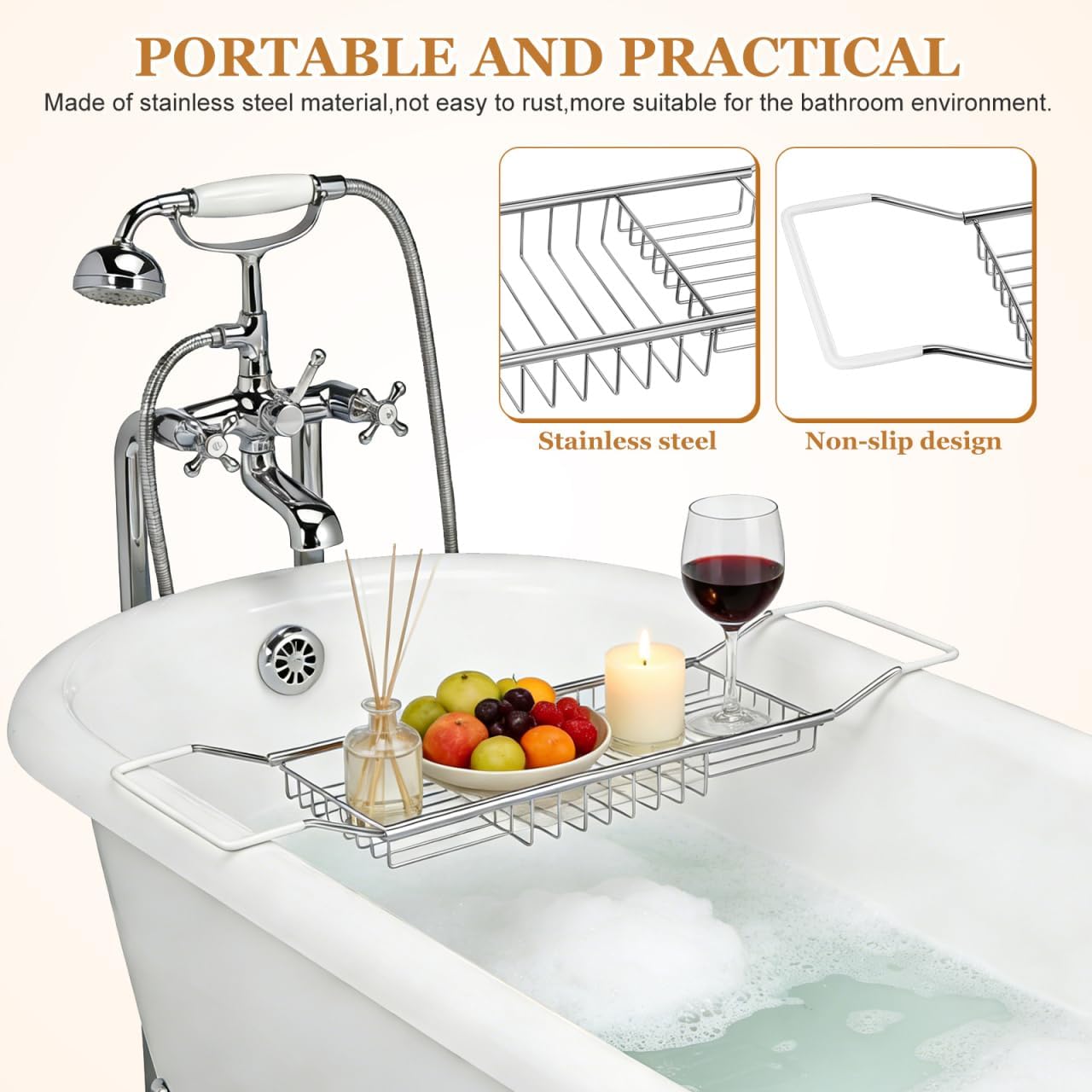 Cabilock Stainless Steel Expandable Bathtub Tray, Chrome Polished Telescopic Bath Tub Shelf, Bathroom Organizer for Soap, Shampoo, Phone and Sundries