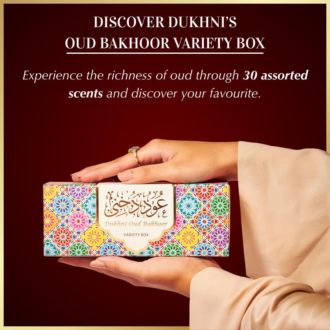 Oud Bakhoor Variety Box by Dukhni | Assorted Box | 30 Pieces Bakhoor | Gift Set & Refill Kit | Arabic Incense | Islamic Gifts, Eid & Ramadan Gift | Luxurious, Long Lasting