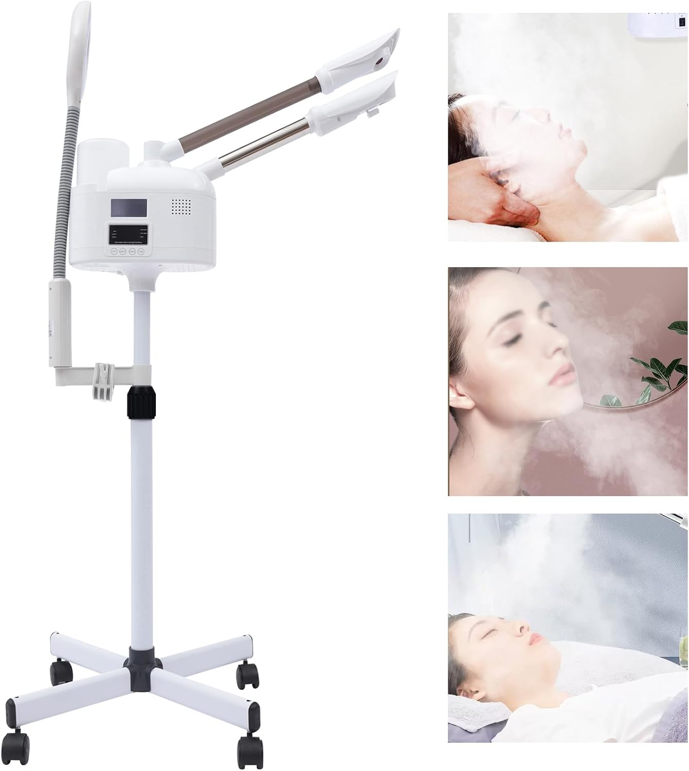 Professional Nano Ionic Hot Cold Facial Steamer with LED Magnifying Lamp, Adjustable Height, Rolling Wheels, 360° Nozzle, for Home Salon Spa Skin Care