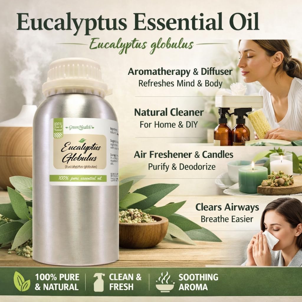GreenHealth - Eucalyptus Globulus Essential Oil – 16 fl oz (473 ml) Aluminum Bottle w/Plug Cap – 100% Pure, Uncut, Undiluted