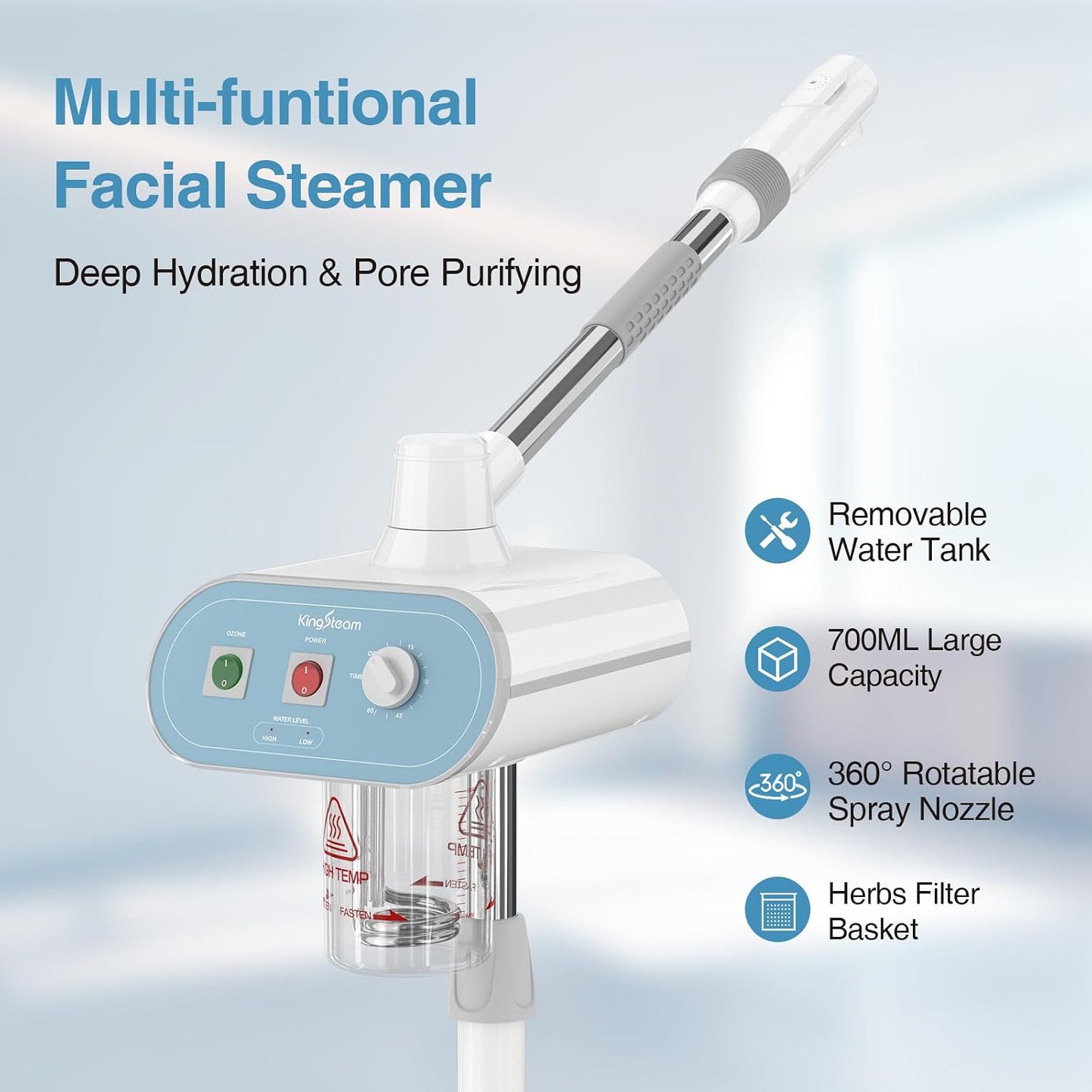 Professional Nano Ionic Facial Steamer with Ozone – 700ml Large Capacity Stand Facial Steamer