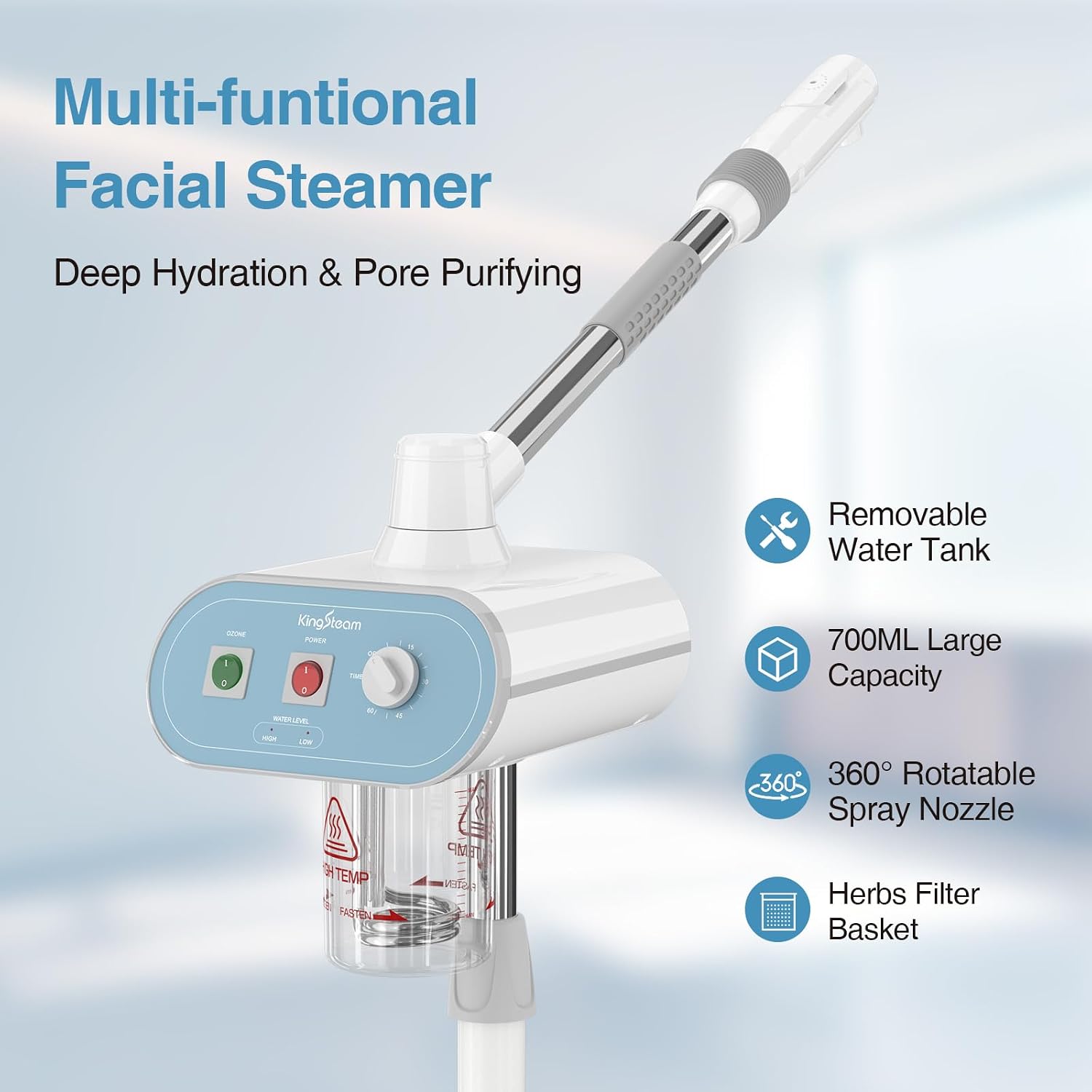 Professional Nano Ionic Facial Steamer with Ozone – 700ml Large Capacity Stand Facial Steamer