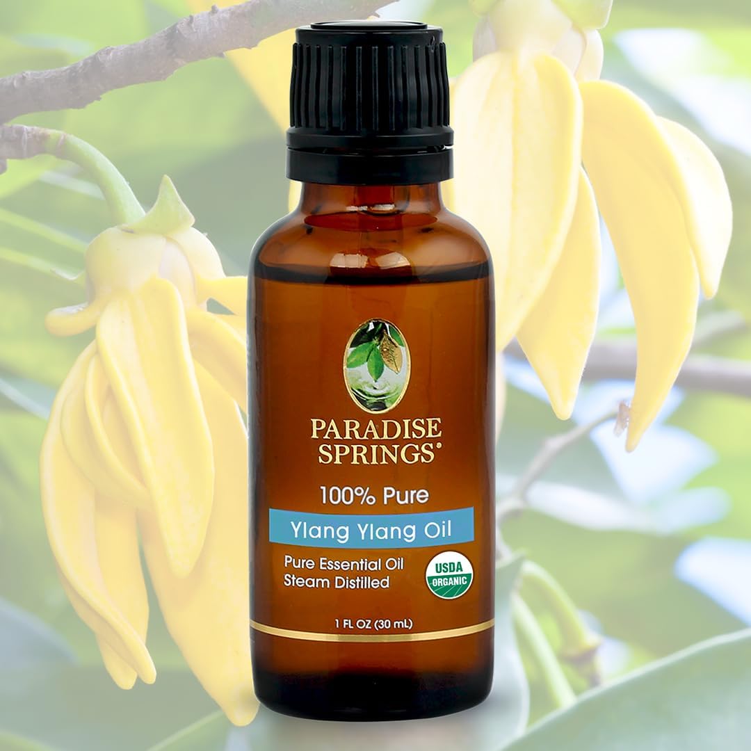 Paradise Springs Organic Ylang Ylang Essential Oil, 100% Pure and Natural Organic Ylang Ylang Essential Oil for Diffusers for Home Aromatherapy, Massage, Humidifiers, 1 fl oz (30ml)