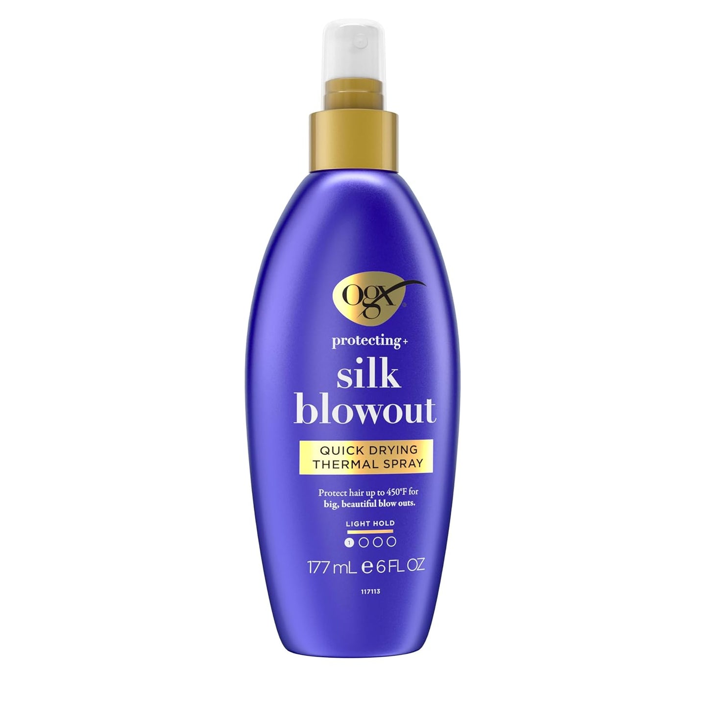 OGX Protecting + Silk Blowout Quick Drying Thermal Protection Spray, Heat Protectant Spray Shields Hair up to 450°F For Soft, Shiny Hair and Big, Beautiful Blowouts, Light Hold, 6 fl. oz