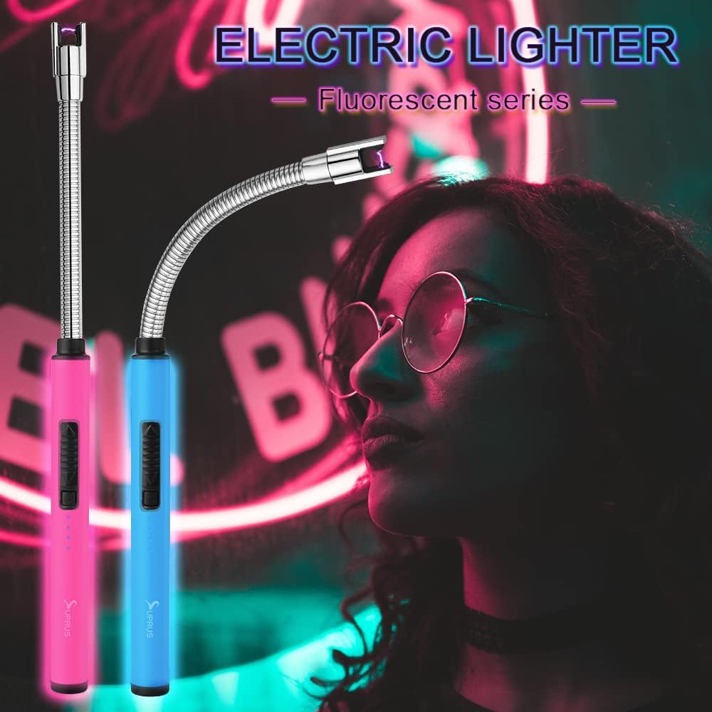 SUPRUS Fluorescent Lighter Glows in The Dark 360°Flexible Neck USB Rechargeable Windproof Triple Safety for Candle Cooking BBQ in Party (Blue)