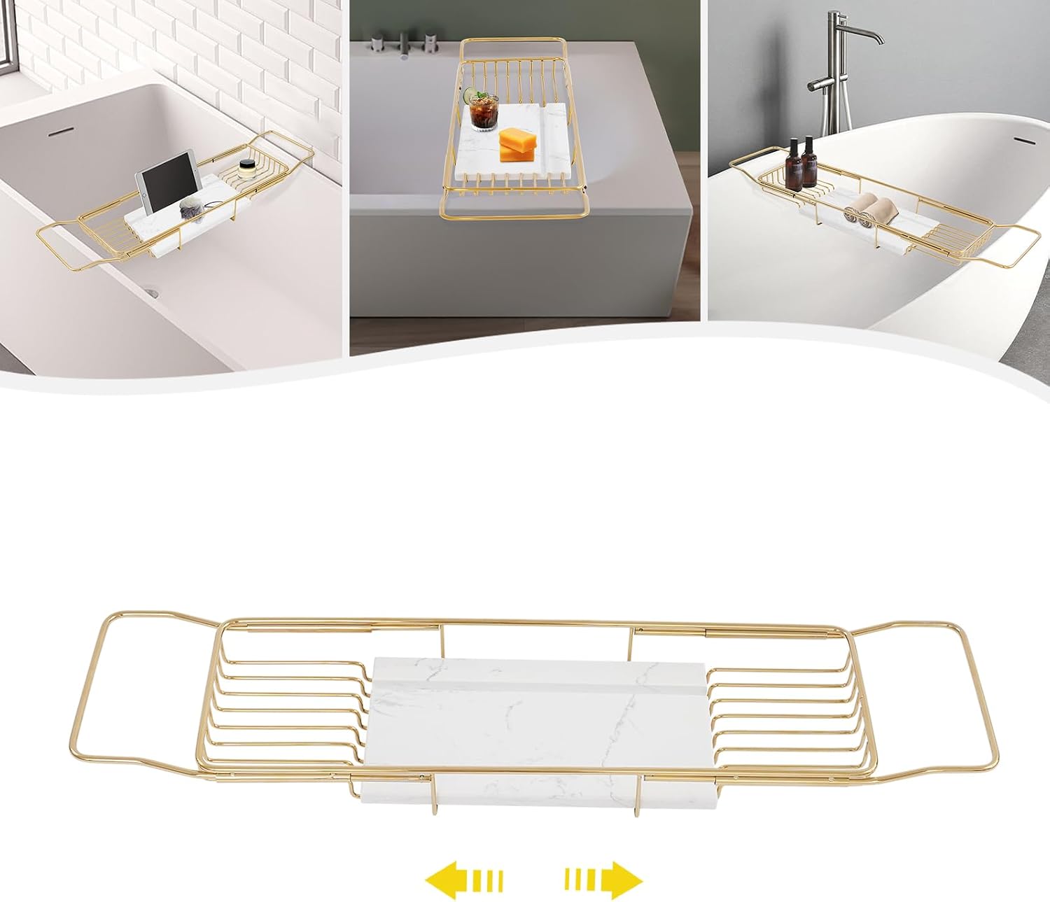 Bath Tray for Tub, Metal Bathtub Marble Tray Stainless Steel Bathtub Caddy Trays for Luxury Bath, 26.8-35.4in Adjustable Bathroom Tub Trays W/Marble Board Groove