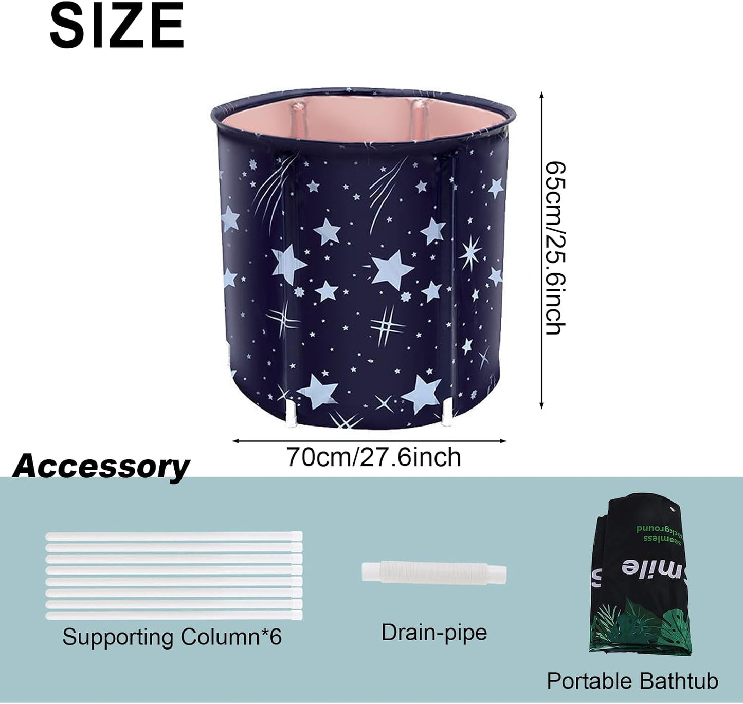 Portable Foldable Bathtub, Collapsible Adult Bath Tub for Hot SPA and Ice Bath, Space-Saving Storage, Durable PVC Material (Starry Sky B, 27inch)