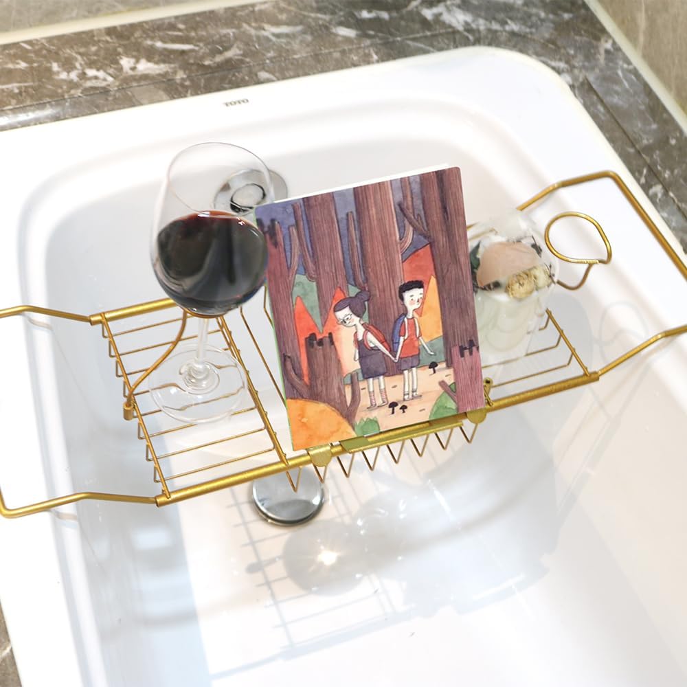 BDL Bathtub Caddy Expandable Bath Tub Tray Table with Wine Holder, Free Soap Dish and Laptop Reading Rack, Bathtub Tray for Home（Bronze）