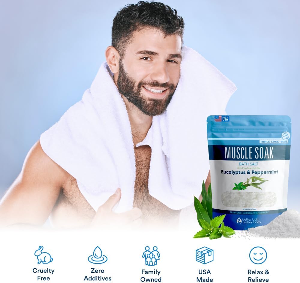 Muscle Soak Bath Salt 32 Ounces (2 Lbs) Epsom Salt with Natural Peppermint and Eucalyptus Essential Oils Plus Vitamin C in BPA Free Pouch with Easy Press Lock Seal Made in USA