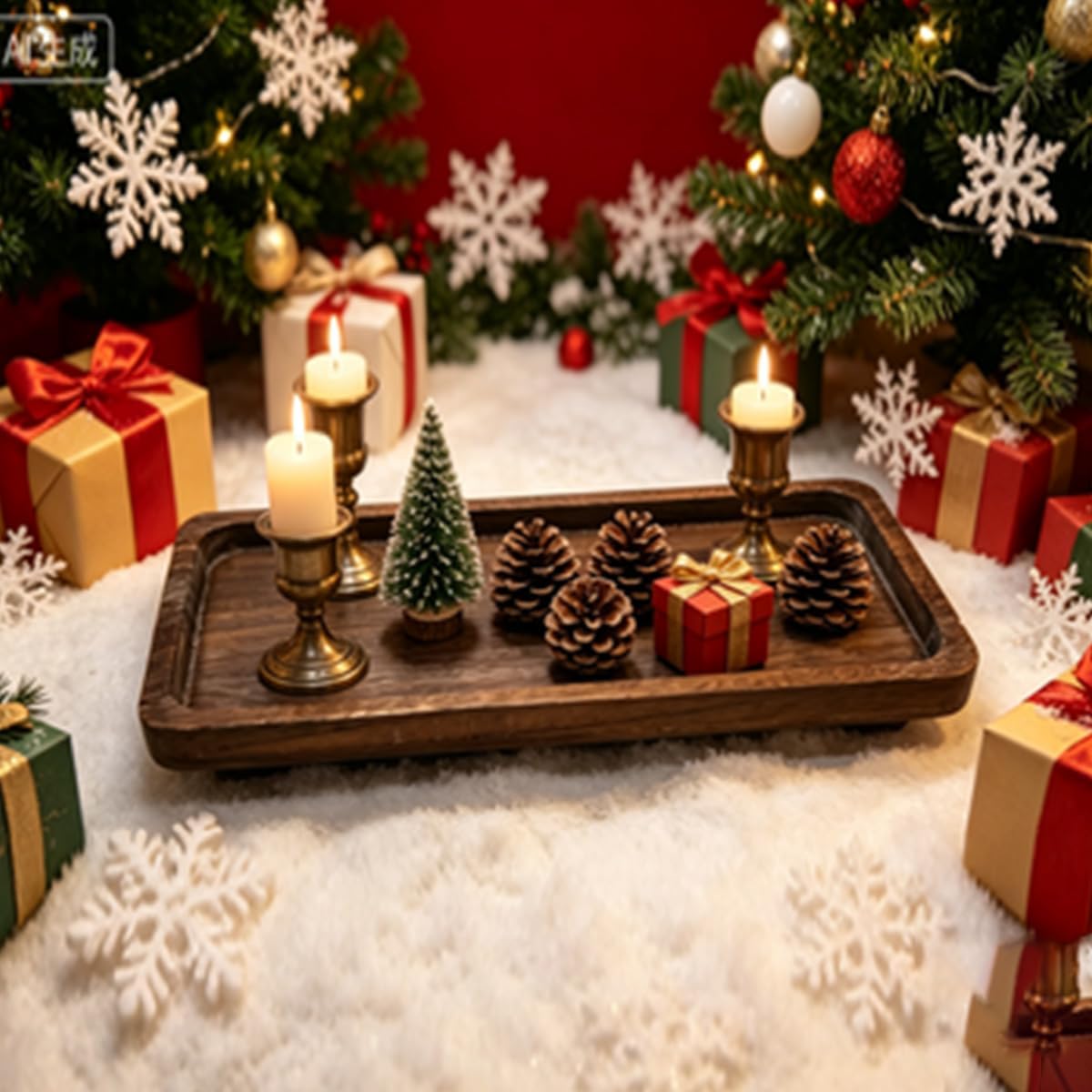 16x6.5x1 Inch Distressed Large Wooden Candle Tray, Christmas Rustic Farmhouse Tealight Holder for Table Centerpiece (Large Brown)