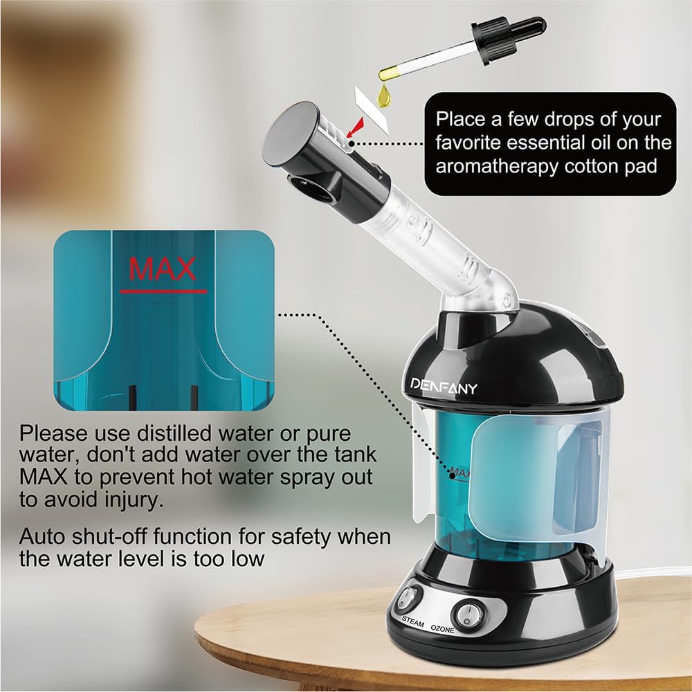 Facial Steamer - DENFANY Nano Ionic Face Steamer with Extendable 360° Rotating Arm - Portable Facial Steamer for Personal Care at Home or Salo （Black）