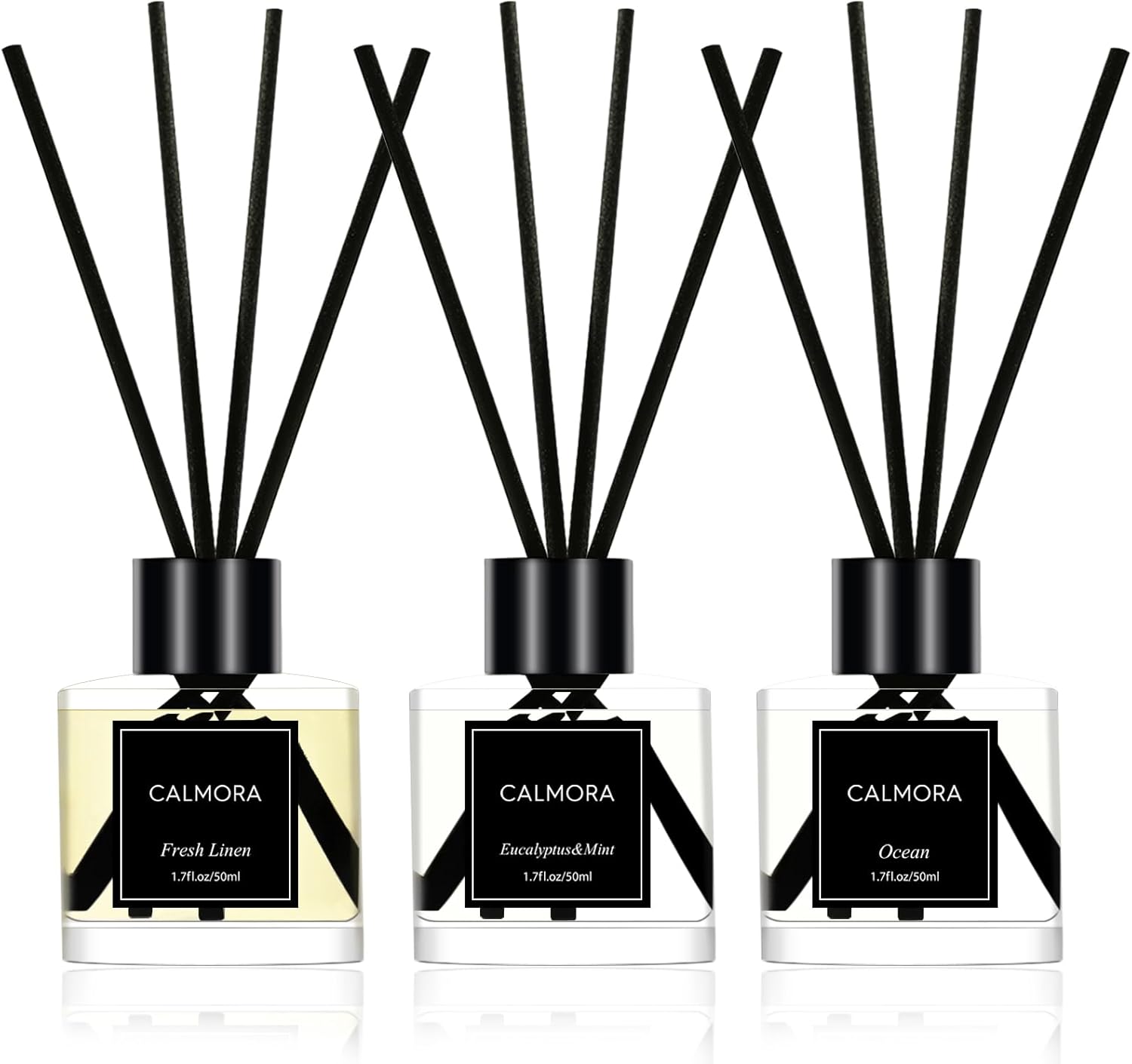 CALMORA Reed Diffuser Set of 3, 50ml Fresh Linen/Eucalyptus & Mint/Ocean Scented Oil Diffuser with 15 Sticks | Home Fragrance for Bedroom, Bathroom, Office & Living Room