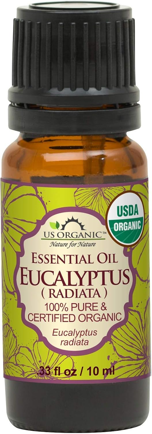 US Organic 100% Pure Eucalyptus Essential Oil (Radiata) - USDA Certified Organic, Steam Distilled - W/Euro droppers (More Size Variations Available) (10 ml / .33 fl oz)