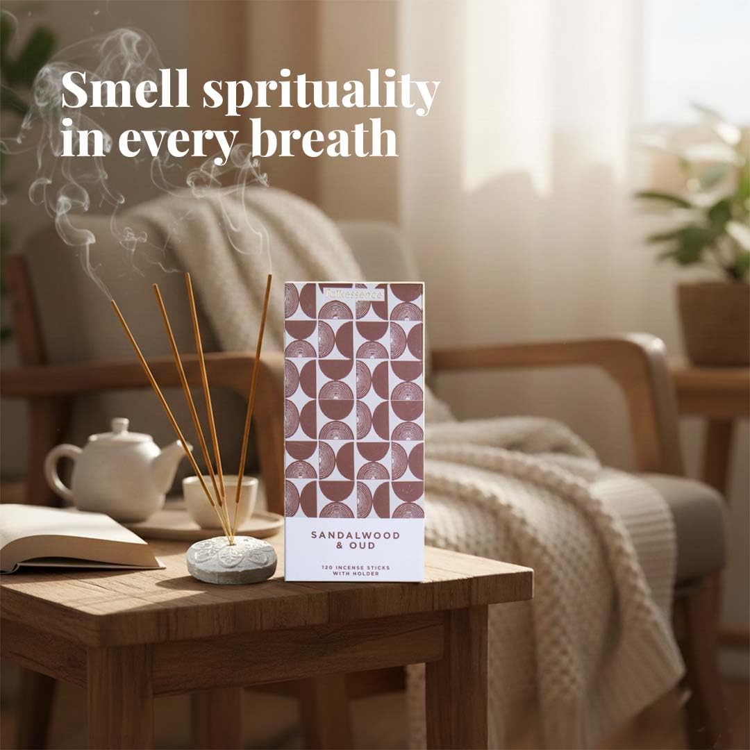 Folkulture Incense Sticks with Holder (120 Sticks)| Sandalwood & Oud Luxury Insence-Sticks for Aromatherapy, Meditation, Focus Gifts |No Charcoal,Non Toxic, 45 Mins, Long Burning Inscents-Sticks