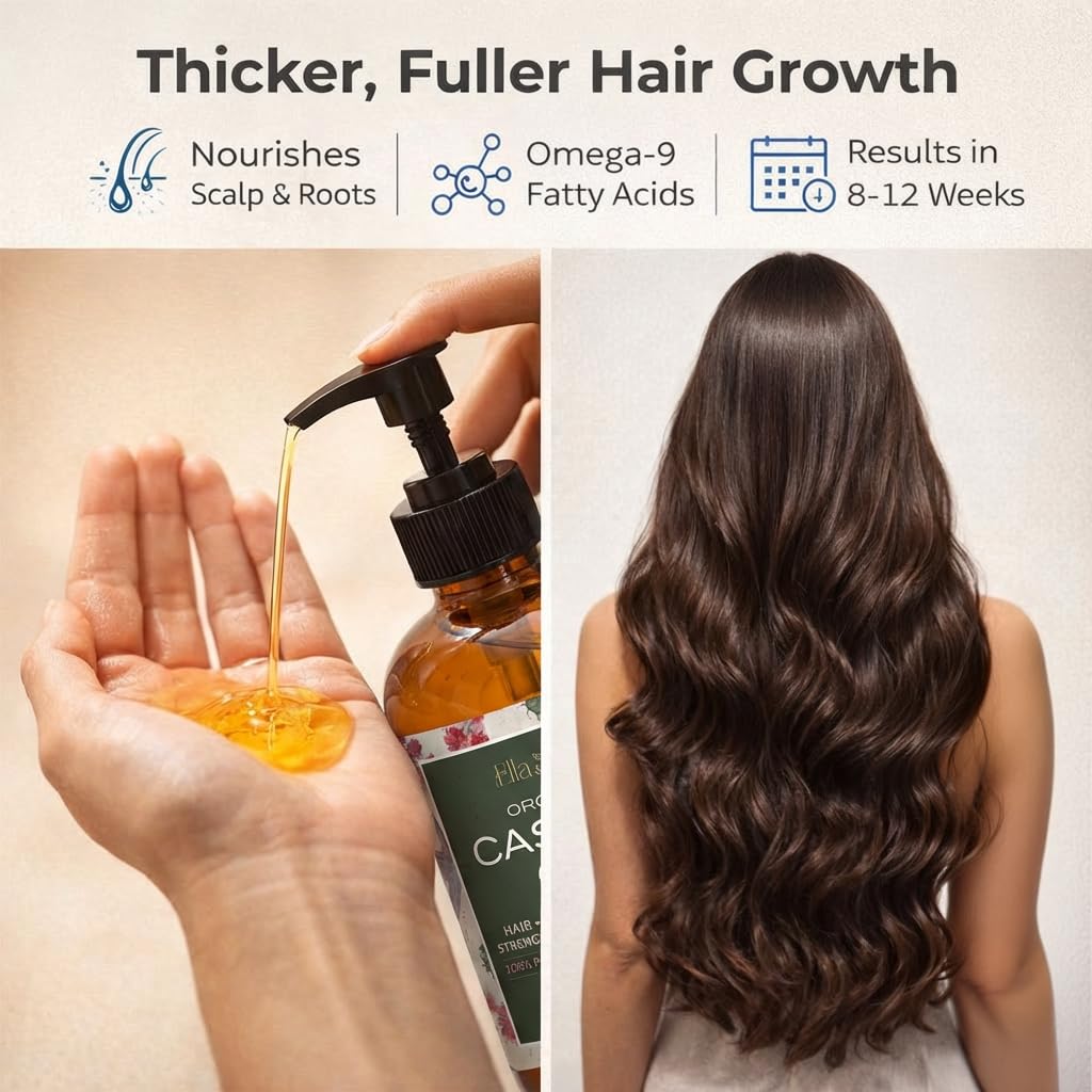 Ella & Eden USDA Organic Castor Oil – 100% Pure Cold Pressed Hexane-Free - Glass Bottle - For Hair Growth, Face, Eyelash, Skin, Stomach - Unrefined 16 Fl Oz