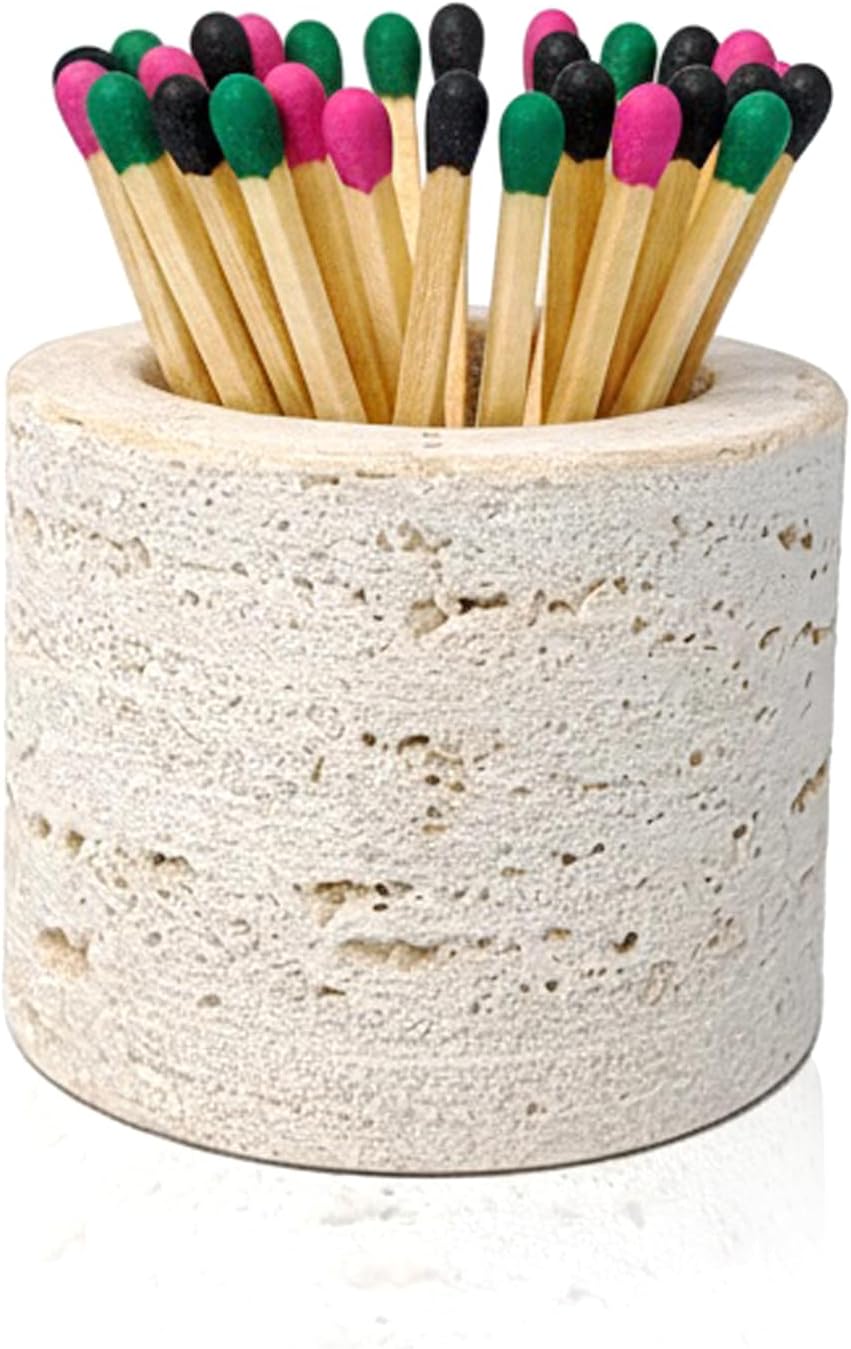 Matches in a Jar with Striker - Natural Travertine Match Holder with 2 Replacement Pads, Decorative Jar for Bathroom Candle Fireplace Parlor, Unique Organic Modern Home DecorGift(Matches Not Included)