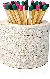 Matches in a Jar with Striker - Natural Travertine Match Holder with 2 Replacement Pads, Decorative Jar for Bathroom Candle Fireplace Parlor, Unique Organic Modern Home DecorGift(Matches Not Included)