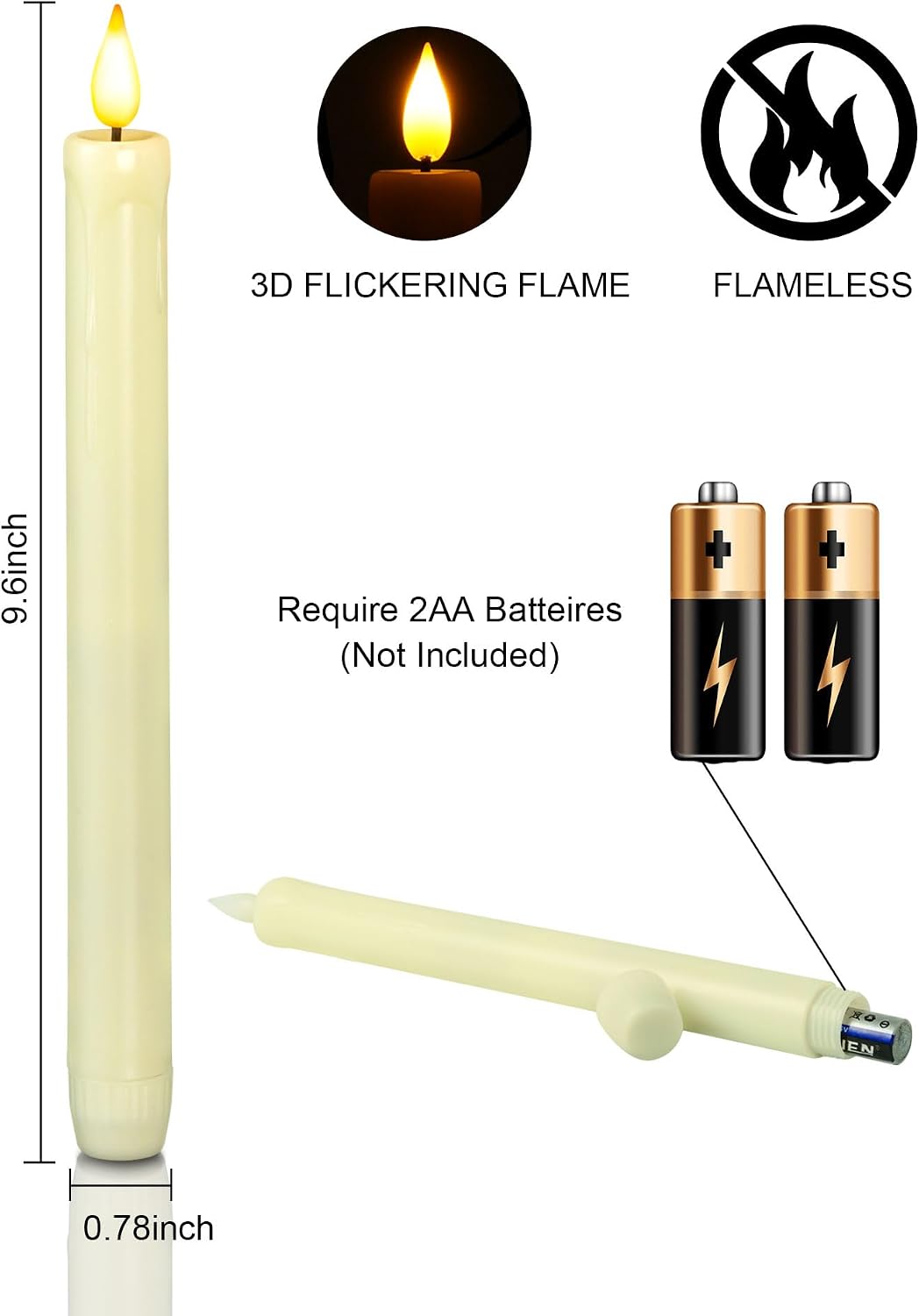 Homemory 6 Pack Flameless Taper Candles, No Remote, Realistic Flickering Battery Operated Candlesticks, Ivory LED Plastic Candle Safe for Weddings, Table Decor, Christmas, and Halloween