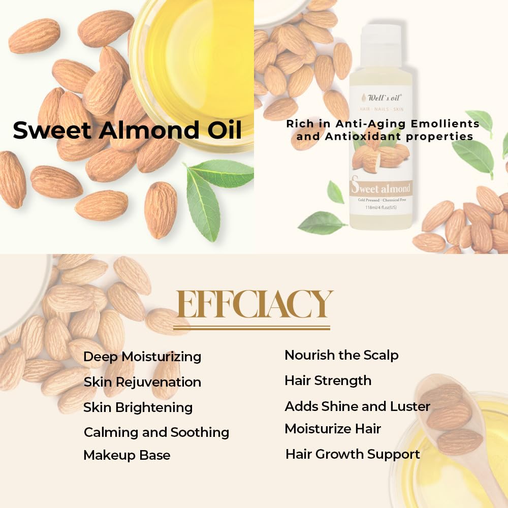 Well’s Oil Sweet Almond Oil | 4 fl oz (118 ml) | Almond Oil–Based Carrier Oil with Vitamin E | For Hair, Skin & Nails | Unscented | Cosmetic Grade