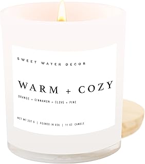 Sweet Water Decor Warm and Cozy Soy Candle - Pine, Orange, Cinnamon, and Fir Winter Scented Candle for Home - 11oz White Jar with Wood Lid, 50+ Hour Burn Time, Made in the USA