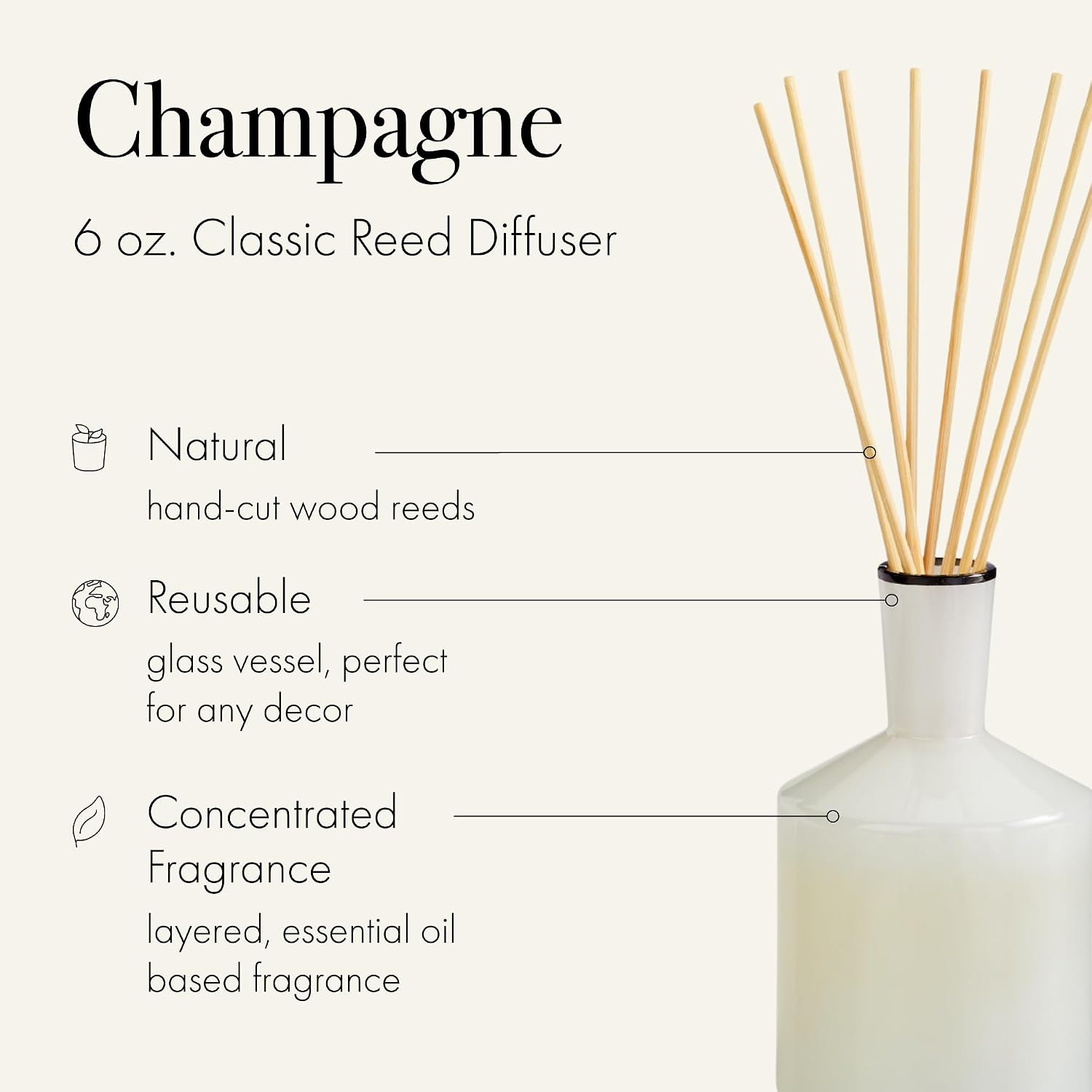 LAFCO New York Classic Reed Diffuser, Champagne - 6 oz, Pack of 2 - Up to 3 Months Fragrance Life - Reusable, Hand Blown Glass Vessel - Natural Wood Reeds - Made in the USA