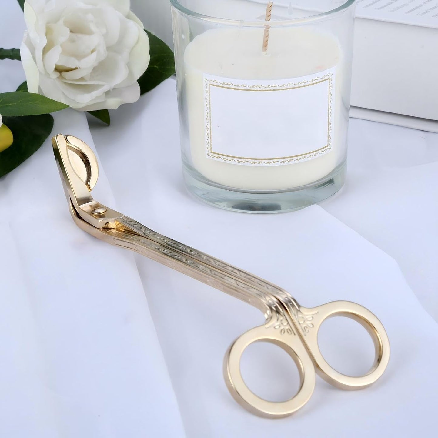 Candle Wick Trimmer,Stainless Steel Wick Clipper with Built-in Debris Tray Gold Scissor Cutter for Cleaner Burn Prevents Soot Easy Candle Care Accessory