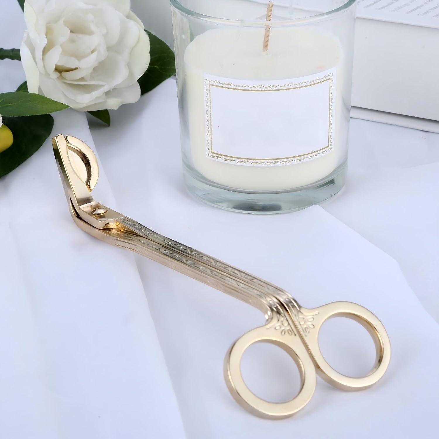 Candle Wick Trimmer,Stainless Steel Wick Clipper with Built-in Debris Tray Gold Scissor Cutter for Cleaner Burn Prevents Soot Easy Candle Care Accessory