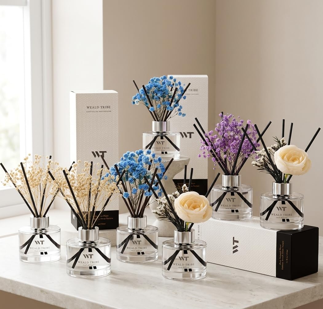 Flower Reed Diffuser Set Cashmere Vanilla Scent for Bathroom Accessories,Christmas Shelf Decor & Air Fresheners, Bedroom Sticks Defusers with 5.1 fl oz Essential Oils, Office Gifts