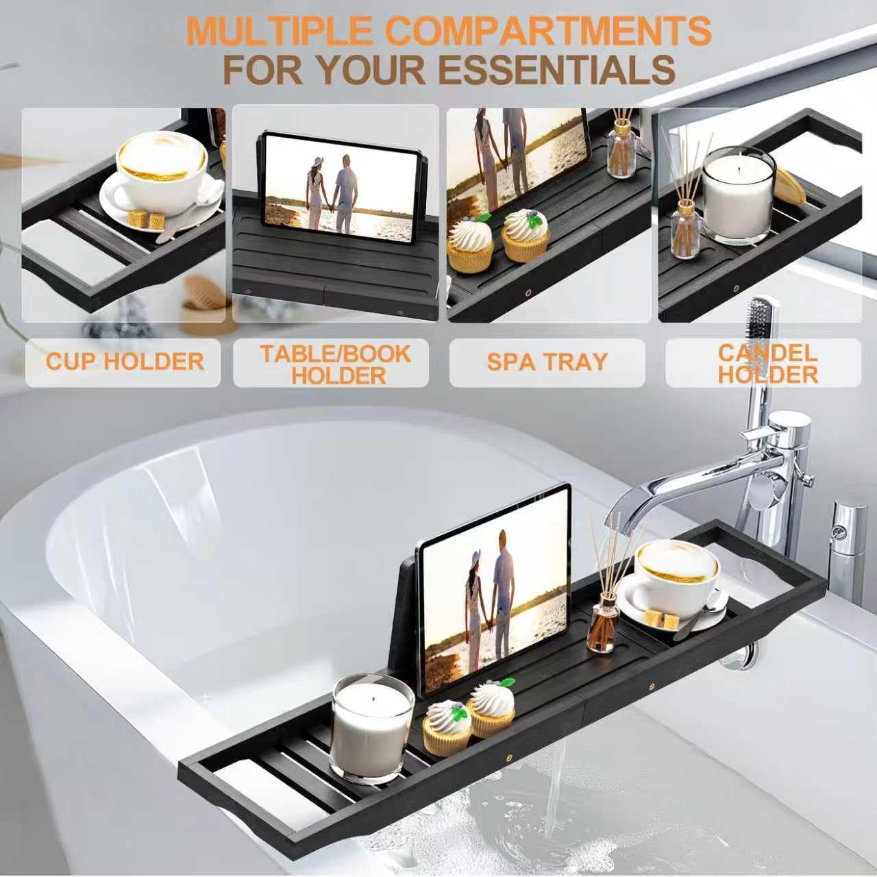 Bathtub Tray Caddy Black - Bath Tray Black - Bath Tub Table Tray Caddy - Bamboo Bath Tray for Tub