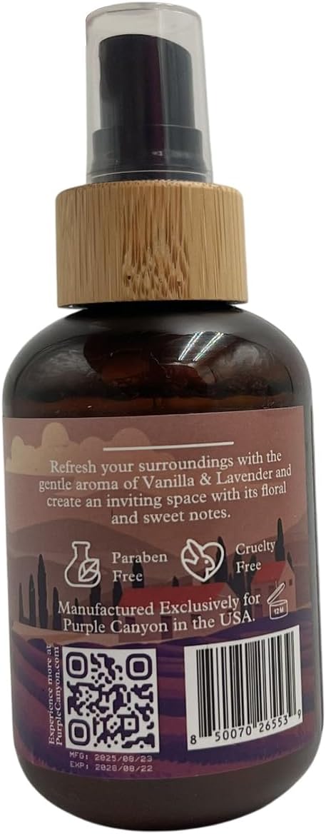 Purple Canyon Vanilla & Lavender with Tonka Room Spray — 4 oz Natural Linen & Room Freshener — Soothing Floral & Sweet Aroma — Spa-Like Relaxation — Premium Natural Fragrance Oils