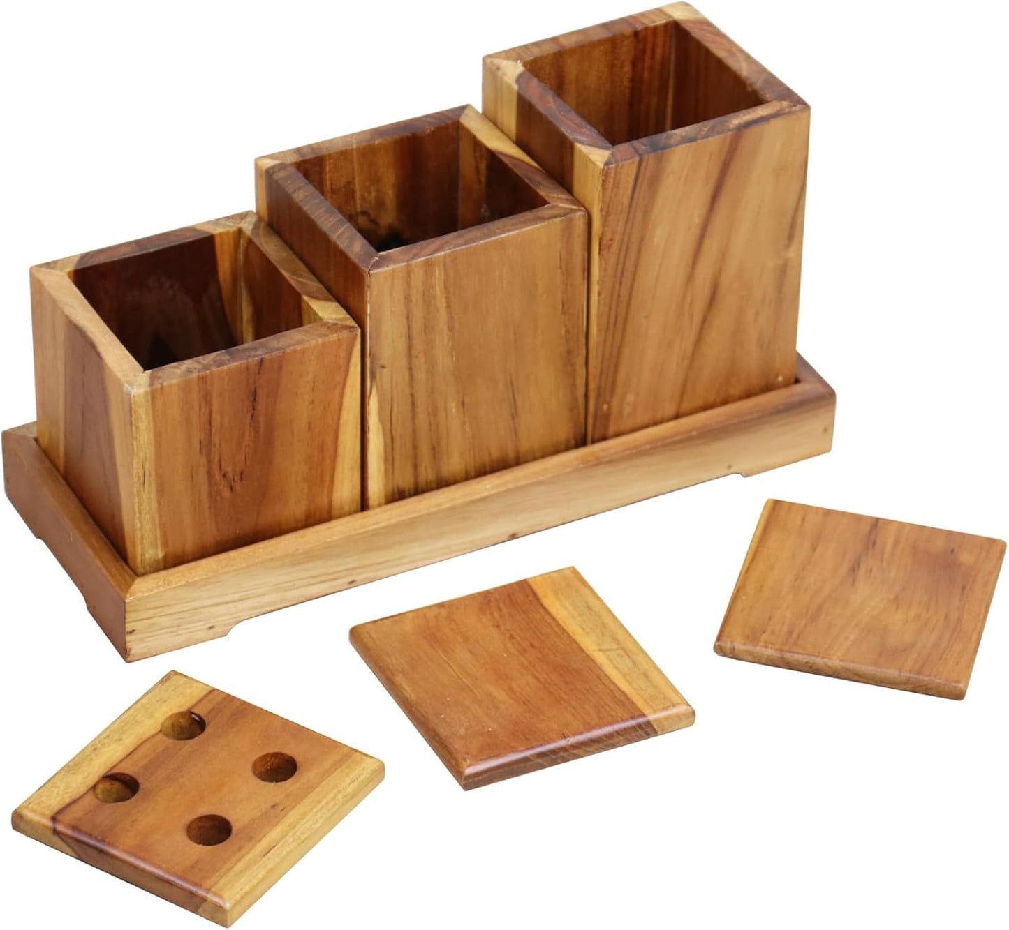 EcoDecors 29 inch Bath Caddy Tray for Bathtub with Eleganto 3 Piece Teak Wood Bath Amenities Set Bundle