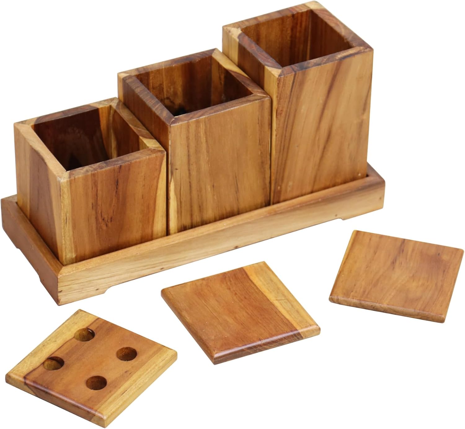 EcoDecors 29 inch Bath Caddy Tray for Bathtub with Eleganto 3 Piece Teak Wood Bath Amenities Set Bundle