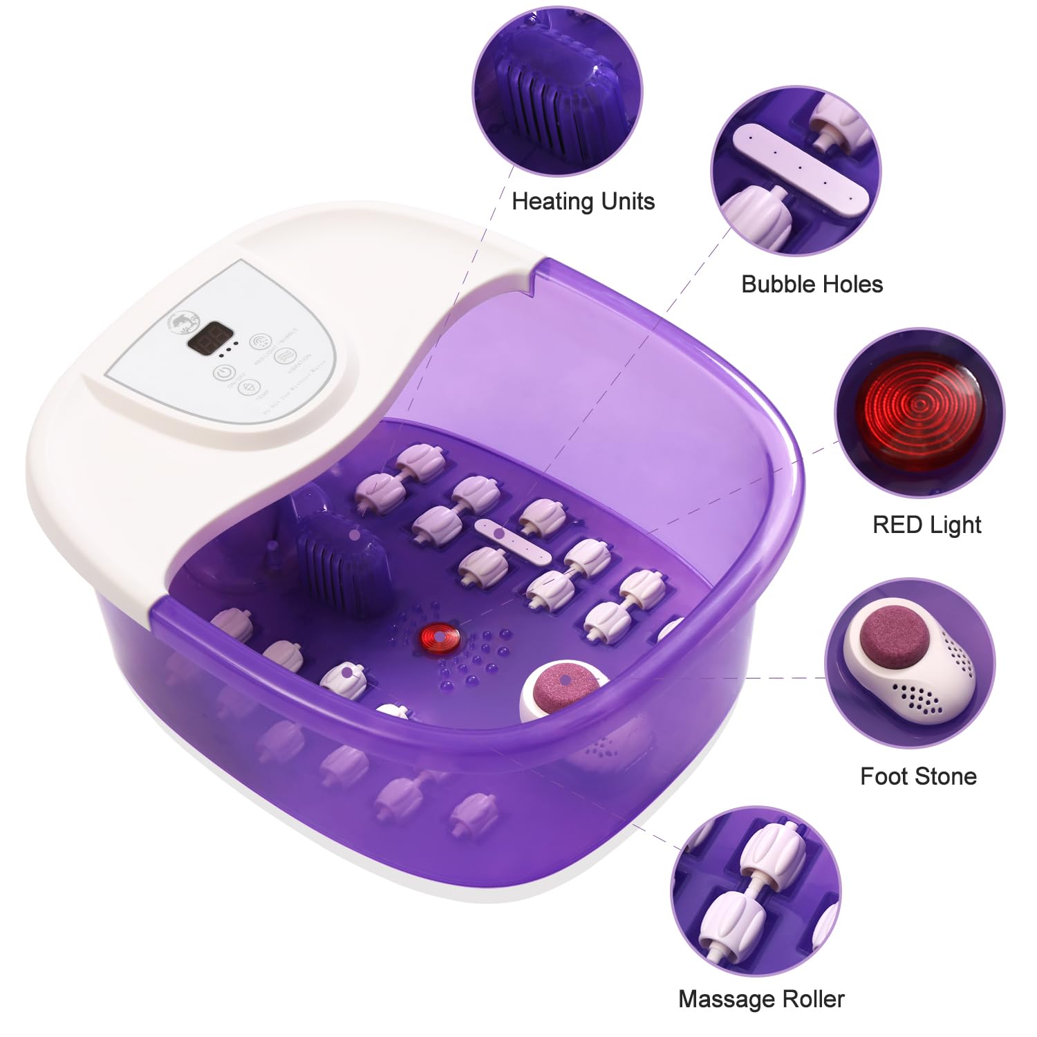 ECARBME Foot Spa Bath Massager with Heat, Foot Soaking Tub with 22 Massage Rollers, Temperature Control, Jets, Bubbles, Epsom Salt and Vibration, Foot Bath soak tub for Relaxation- Purple