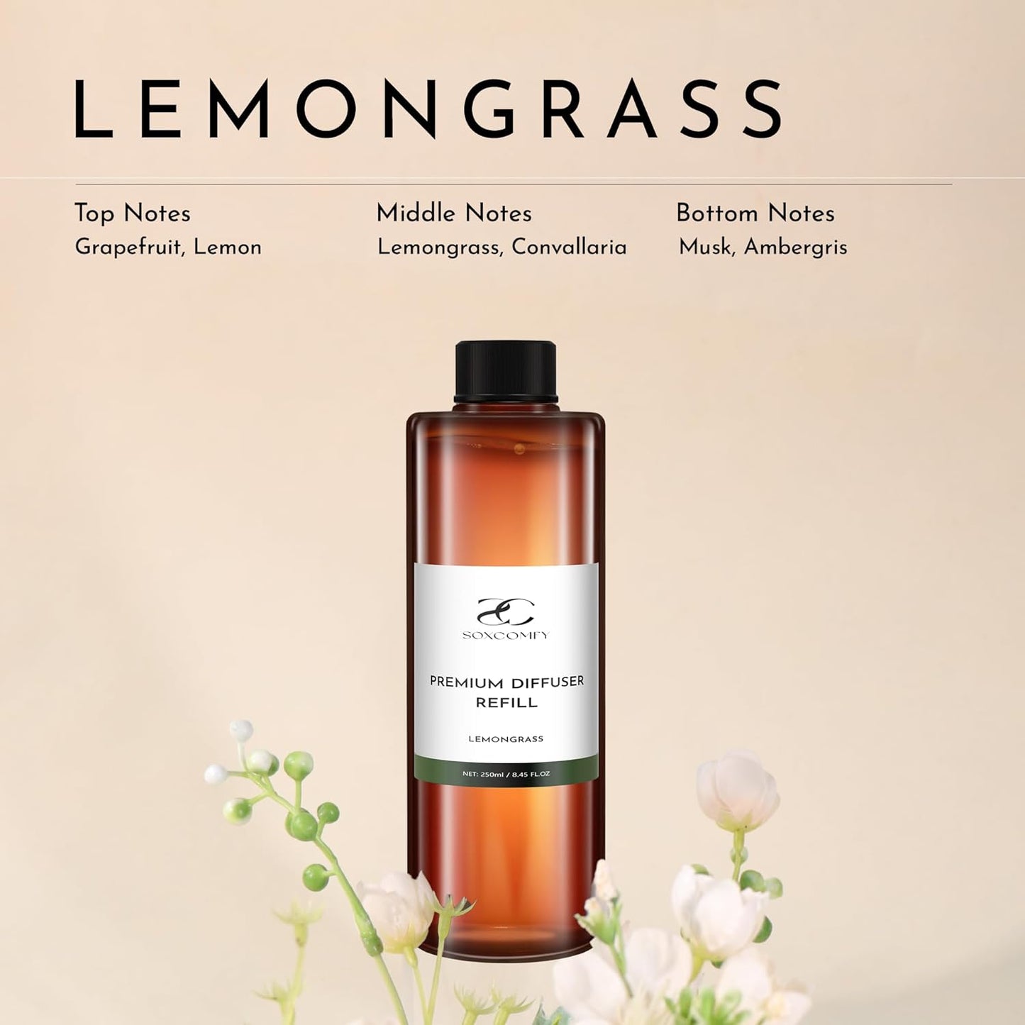 Diffuser Oil Refill, 250ml / 8.45 fl oz, Lemongrass - Reed & Aromatherapy Diffuser Oil, Long-Lasting Home Fragrance, Grapefruit, Lemon & Musk Notes