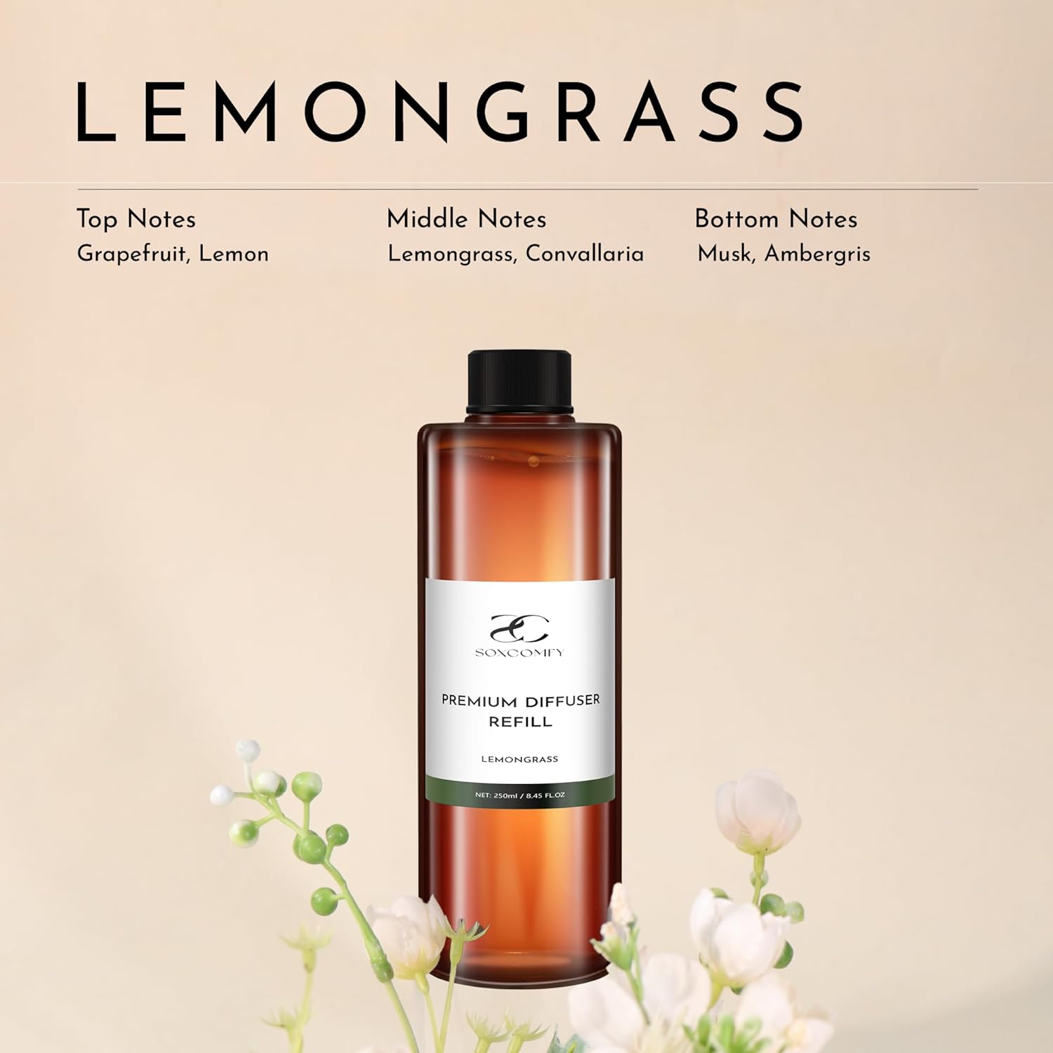 Diffuser Oil Refill, 250ml / 8.45 fl oz, Lemongrass - Reed & Aromatherapy Diffuser Oil, Long-Lasting Home Fragrance, Grapefruit, Lemon & Musk Notes