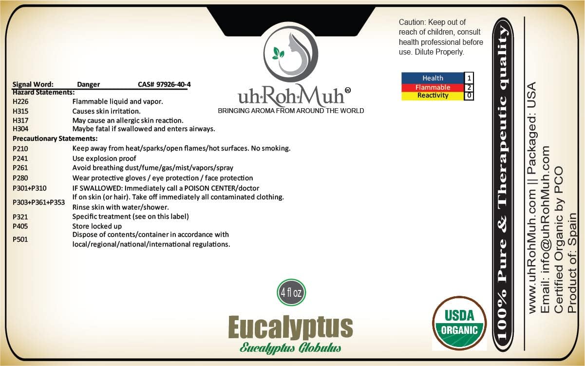 Pure Certified Organic Eucalyptus Globulus Essential Oil (4 oz with Pipette)