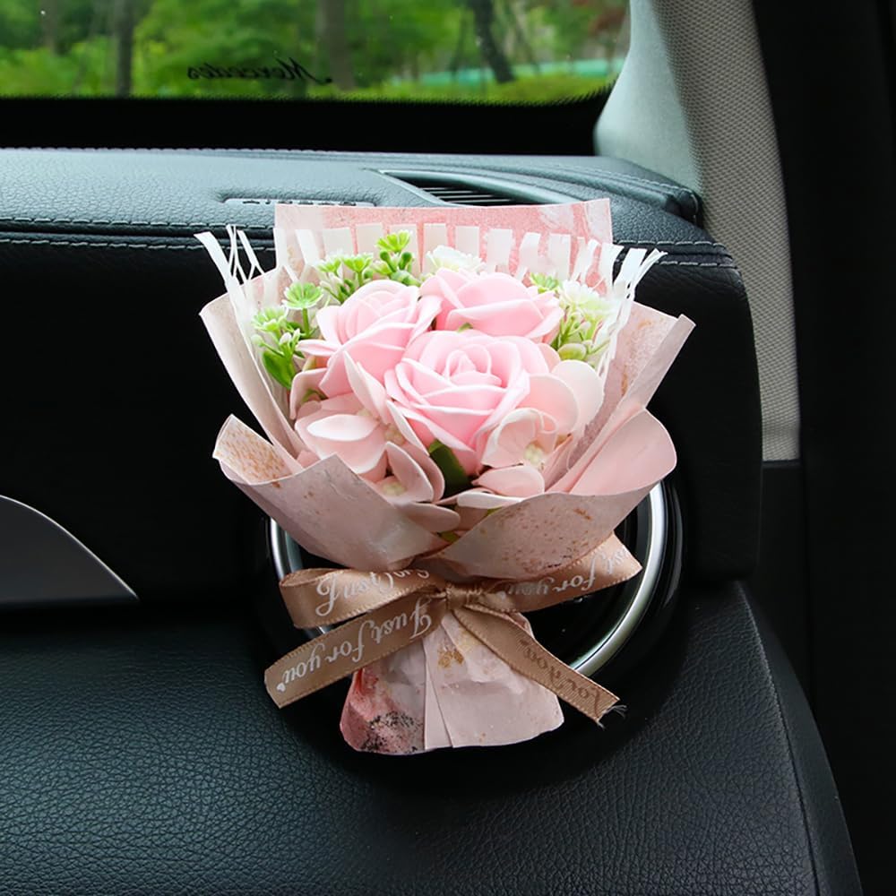 Unique Car Vent Clip Air Freshener, Aesthetic Floral Soap Rose Bouquet Diffuser Decor, Reusable Essential Oil Aroma Pad, Cute Car Accessories Gift for Women (Style I)