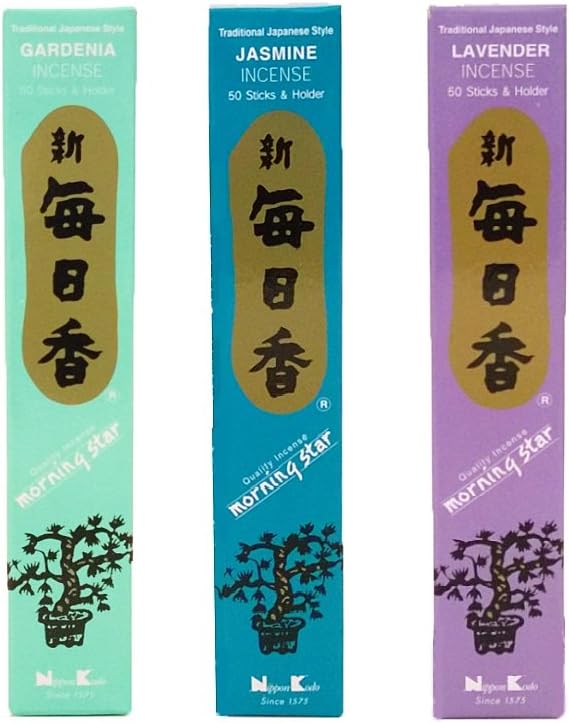 nippon kodo Morning Star Incense Bundle of 3 x 50 Sticks Boxes (Jasmine, Gardenia, Lavender) - Premium Incense Sticks - Traditional Japanese Style