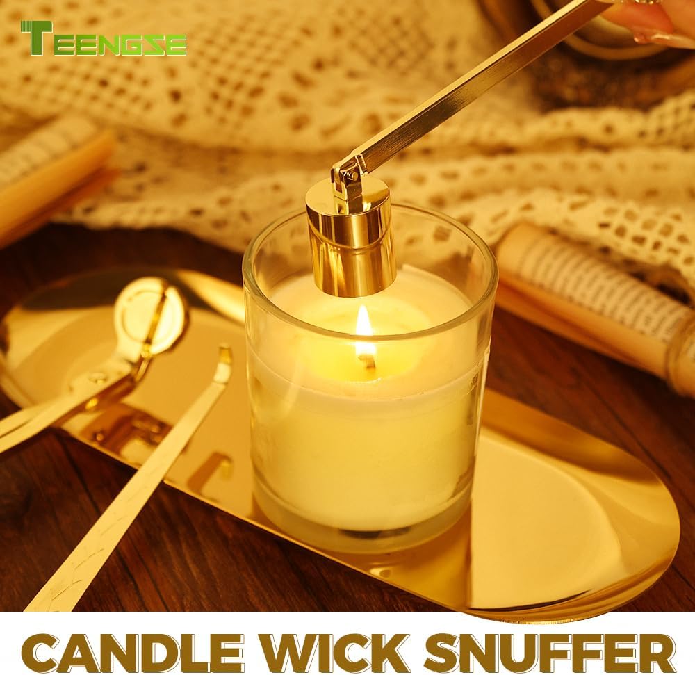 4 in 1 Candle Accessory Set with Storage Tray Plate, Candle Wick Trimmer, Candle Wick Snuffer, Candle Wick Dipper (Gold)