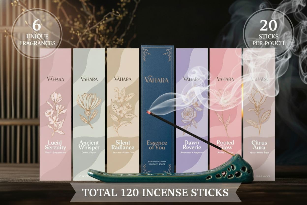 Incense Sticks Variety Pack – Natural Masala Incense Sticks, Premium VAHARA Hand-Rolled Incense for Home Fragrance, Aromatherapy & Meditation (Premium Vahara Essence of You, 6 Fragrance Packs)