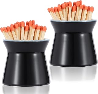 2 Pack Match Holder with 6 Pcs Strikers, Handmade Ceramic Match Box for All Matches, Cute Home Decor Match Jar with Striker for Candle, Fireplace, Parlor. (Sold Without Matches) (Black)