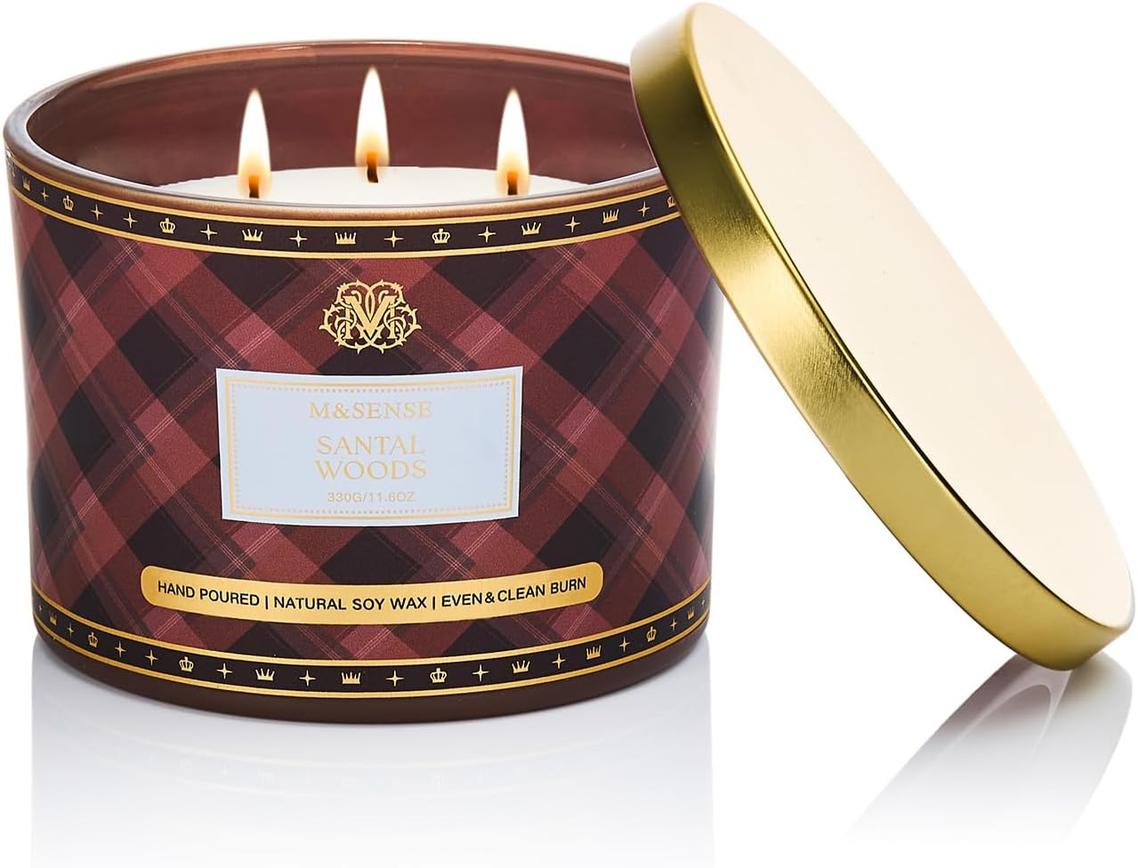 M&SENSE Plaid Pattern 3 Wick Soy Candles,11.64 oz Large Santal Woods Scent Candle for Relaxation, Gifting, Home Décor | for Bedroom, Office, Party